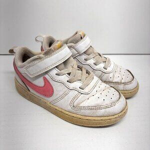 Nike White Pink Shoes Court Borough Low Top Sneakers Girls Pink Swoosh Size 10C
